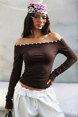 Button Trim Off-Shoulder Long Sleeve Crop Top