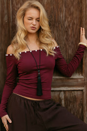 Button Trim Off-Shoulder Long Sleeve Crop Top