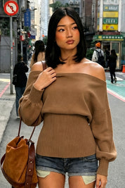 Camel Off Shoulder Batwing Sleeve Ribbed Knit Sweater Top