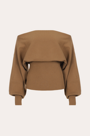 Camel Off Shoulder Batwing Sleeve Ribbed Knit Sweater Top