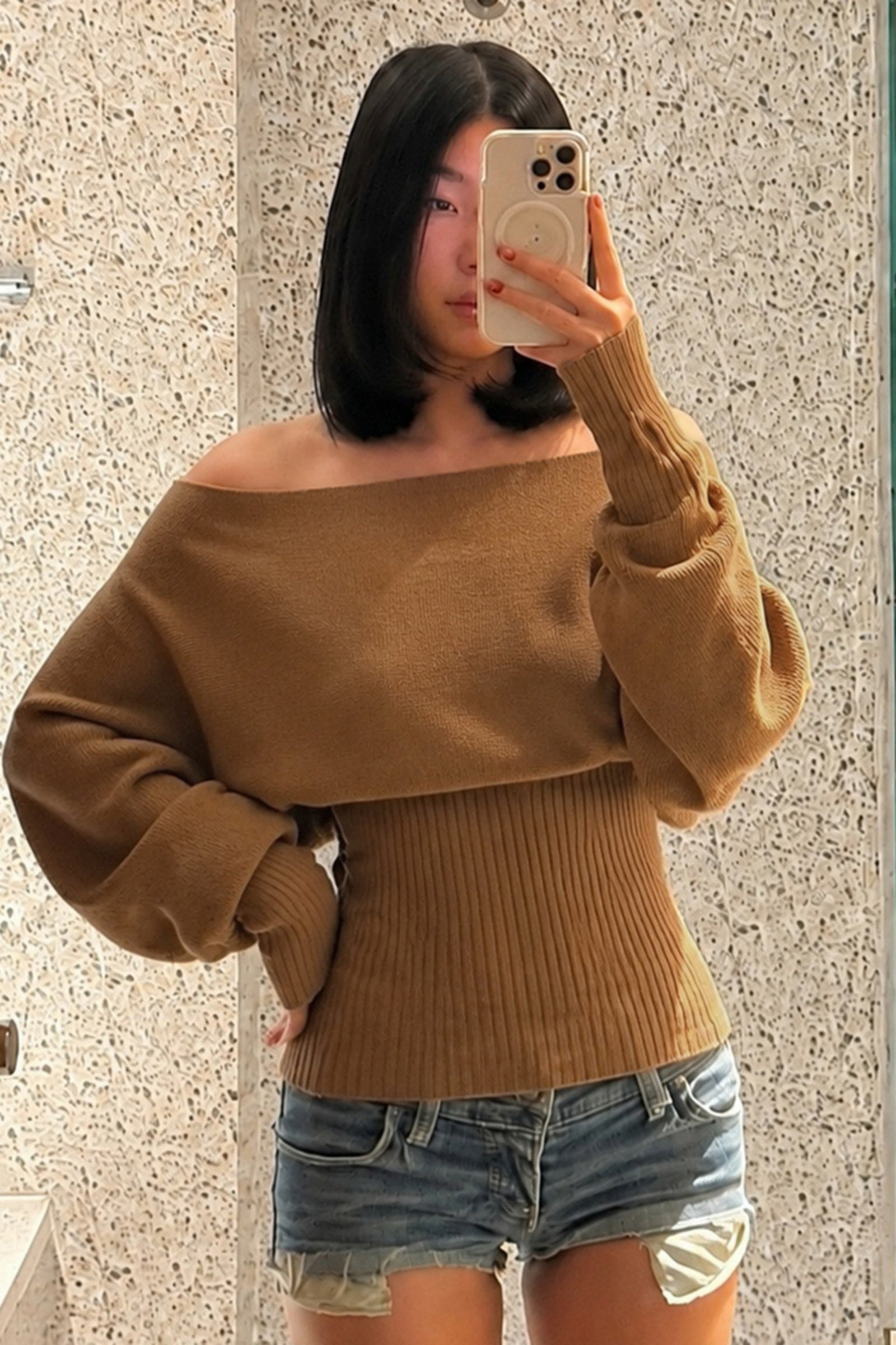 Camel Off Shoulder Batwing Sleeve Ribbed Knit Sweater Top