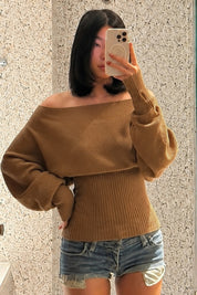 Camel Off Shoulder Batwing Sleeve Ribbed Knit Sweater Top