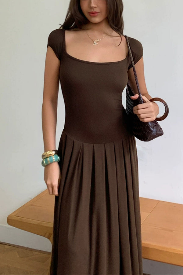 Cap Sleeve Drop Waist Brown Maxi Dress