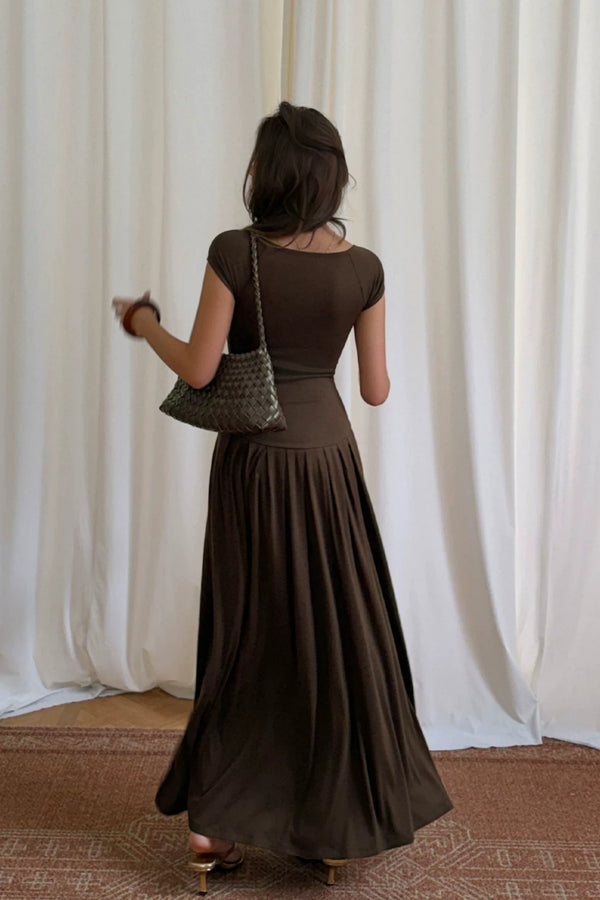 Cap Sleeve Drop Waist Brown Maxi Dress