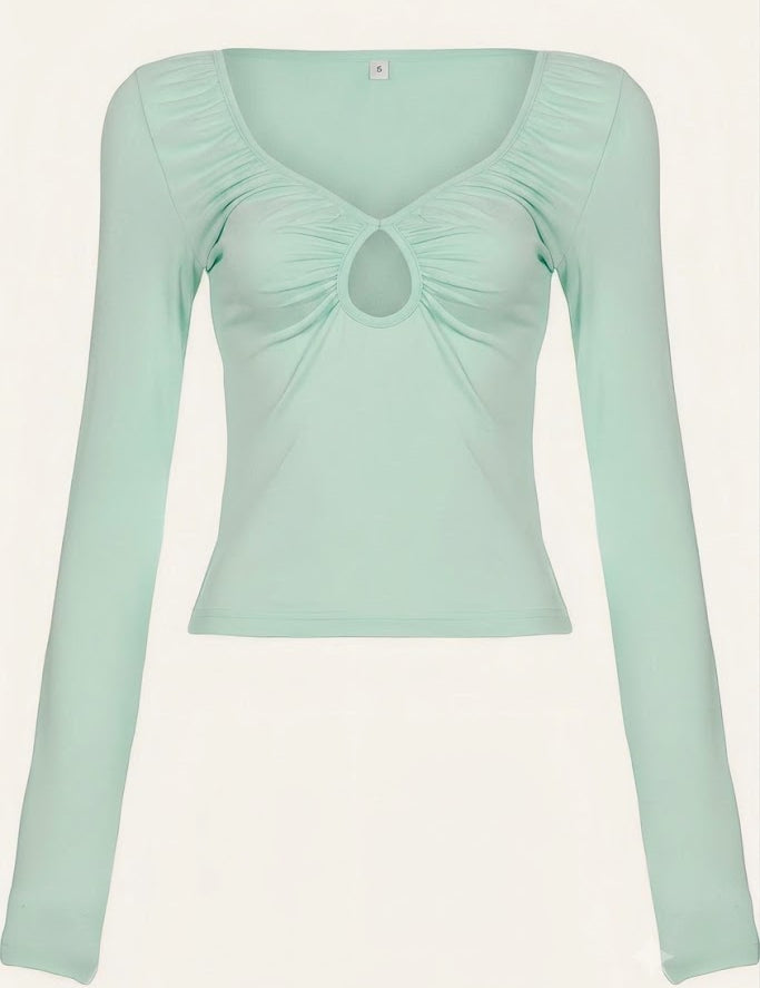 Ruched Cutout V-Neck Long Sleeve Top