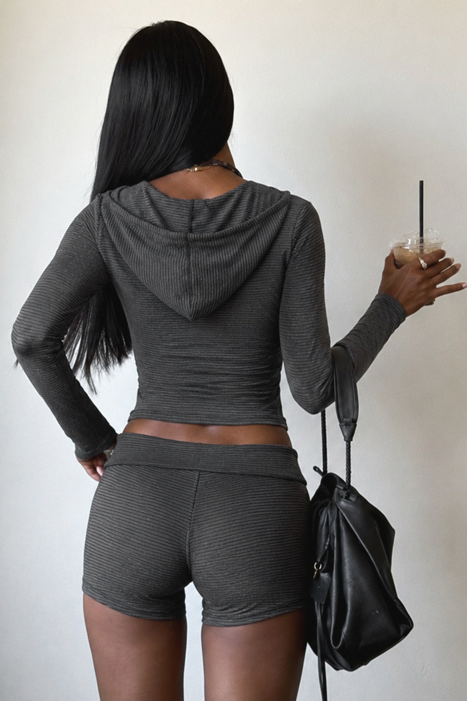 Charcoal Micro Stripe Zip Up Hoodie and Shorts Set