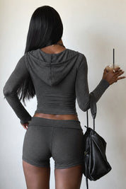 Charcoal Micro Stripe Zip Up Hoodie and Shorts Set