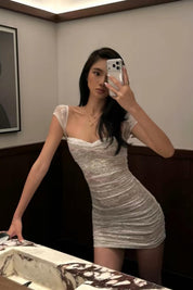 Chicago White Lace Ruched Mini Dress