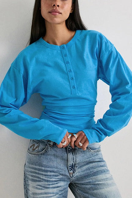 Cobalt Blue Henley Long Sleeve Top