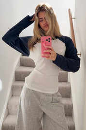 Colorblock Raglan Sleeve Lace-Up Back Long Sleeve Top
