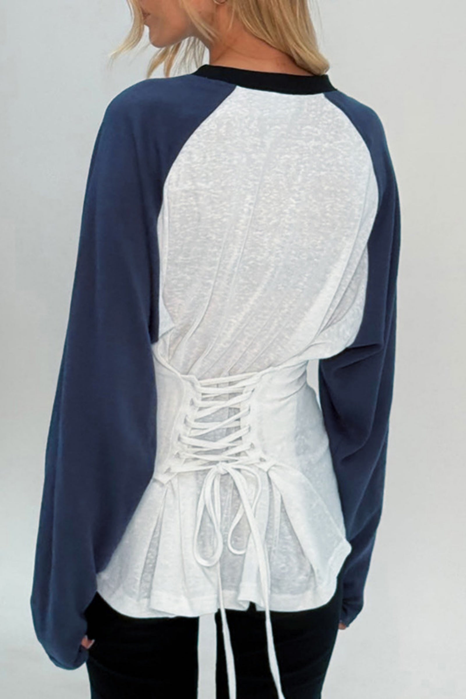 Colorblock Raglan Sleeve Lace-Up Back Long Sleeve Top
