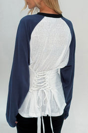 Colorblock Raglan Sleeve Lace-Up Back Long Sleeve Top