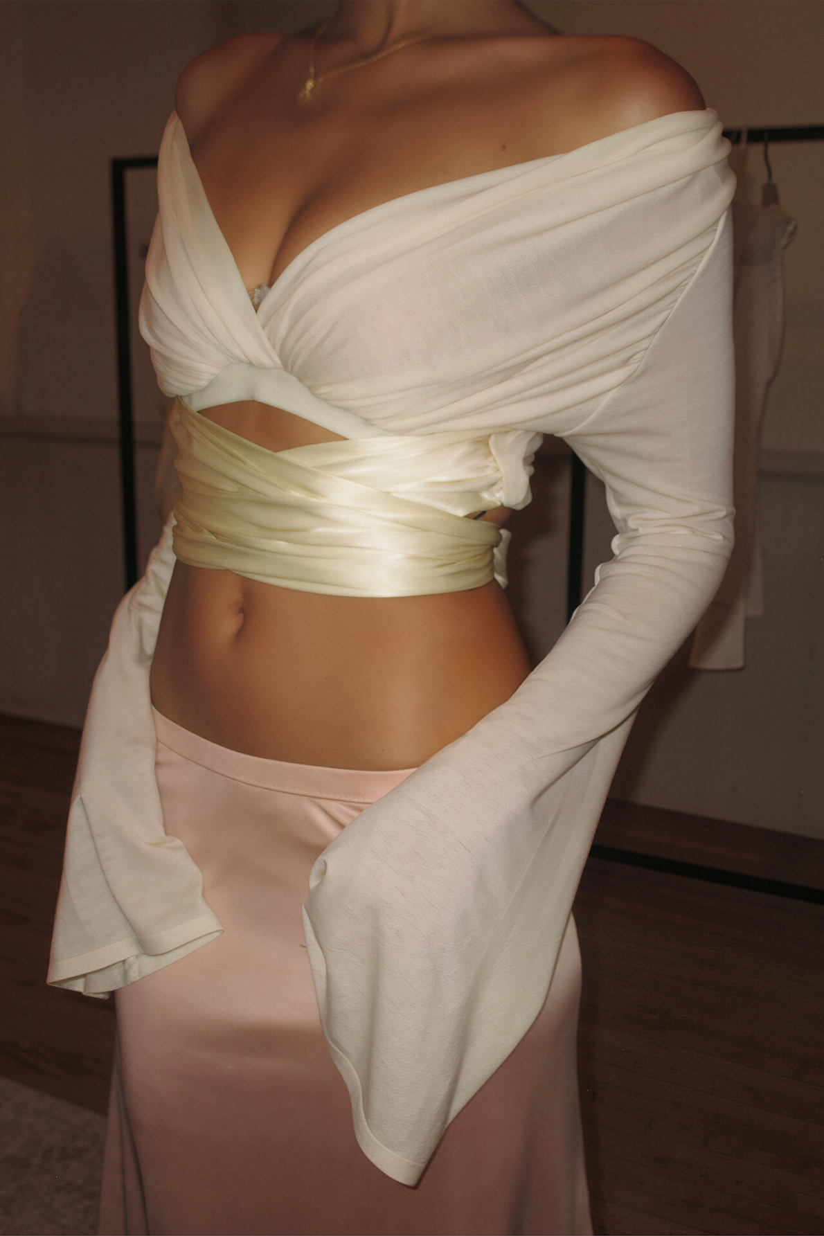 Coquette Cream Off Shoulder Long Sleeve Crop Top