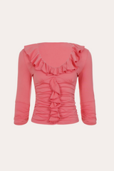 Coral Pink Ruffle Ruched V Neck 3/4 Sleeve Top