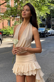 Cream Cowl Neck Halter Top and Low Rise Ruffle Maxi Skirt Set