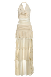 Cream Cowl Neck Halter Top and Low Rise Ruffle Maxi Skirt Set