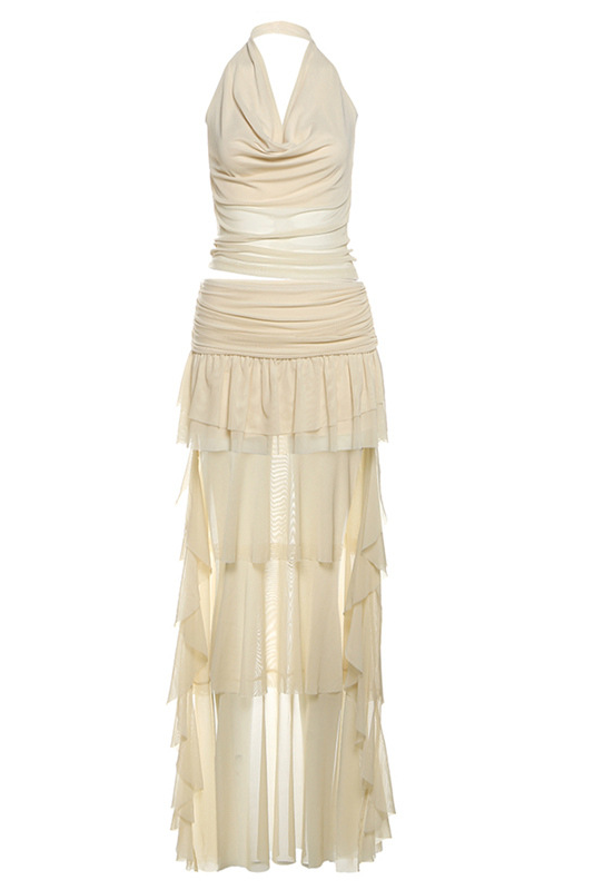 Cream Cowl Neck Halter Top and Low Rise Ruffle Maxi Skirt Set