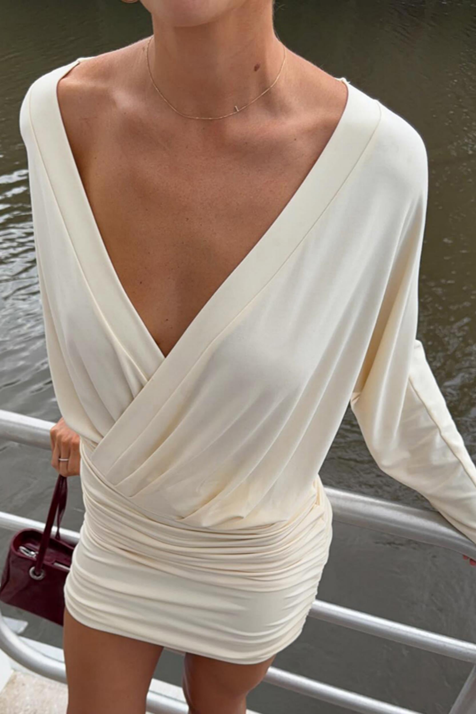 Zaria Draped Deep V Neck Ruched Mini Dress in Cream