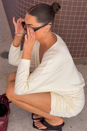 Zaria Draped Deep V Neck Ruched Mini Dress in Cream
