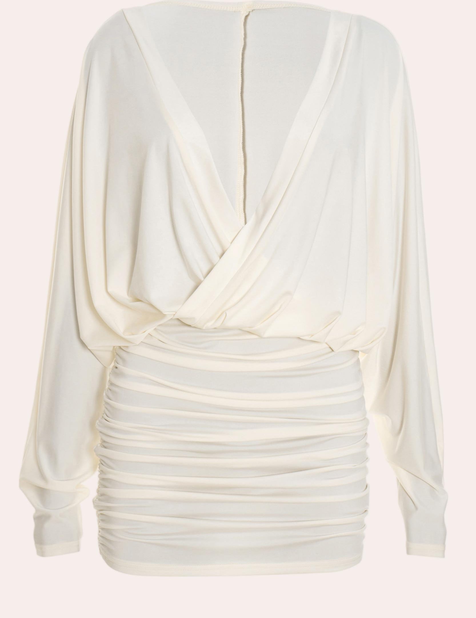 Zaria Draped Deep V Neck Ruched Mini Dress in Cream