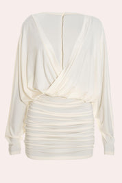 Zaria Draped Deep V Neck Ruched Mini Dress in Cream