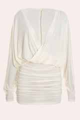 Zaria Draped Deep V Neck Ruched Mini Dress in Cream