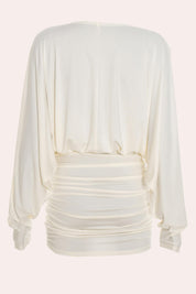 Zaria Draped Deep V Neck Ruched Mini Dress in Cream