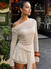 Cream Polka Dot Backless Cowl Neck Mini Dress