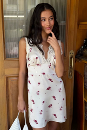 Lace Trim Floral Satin Mini Dress in Cream Rose
