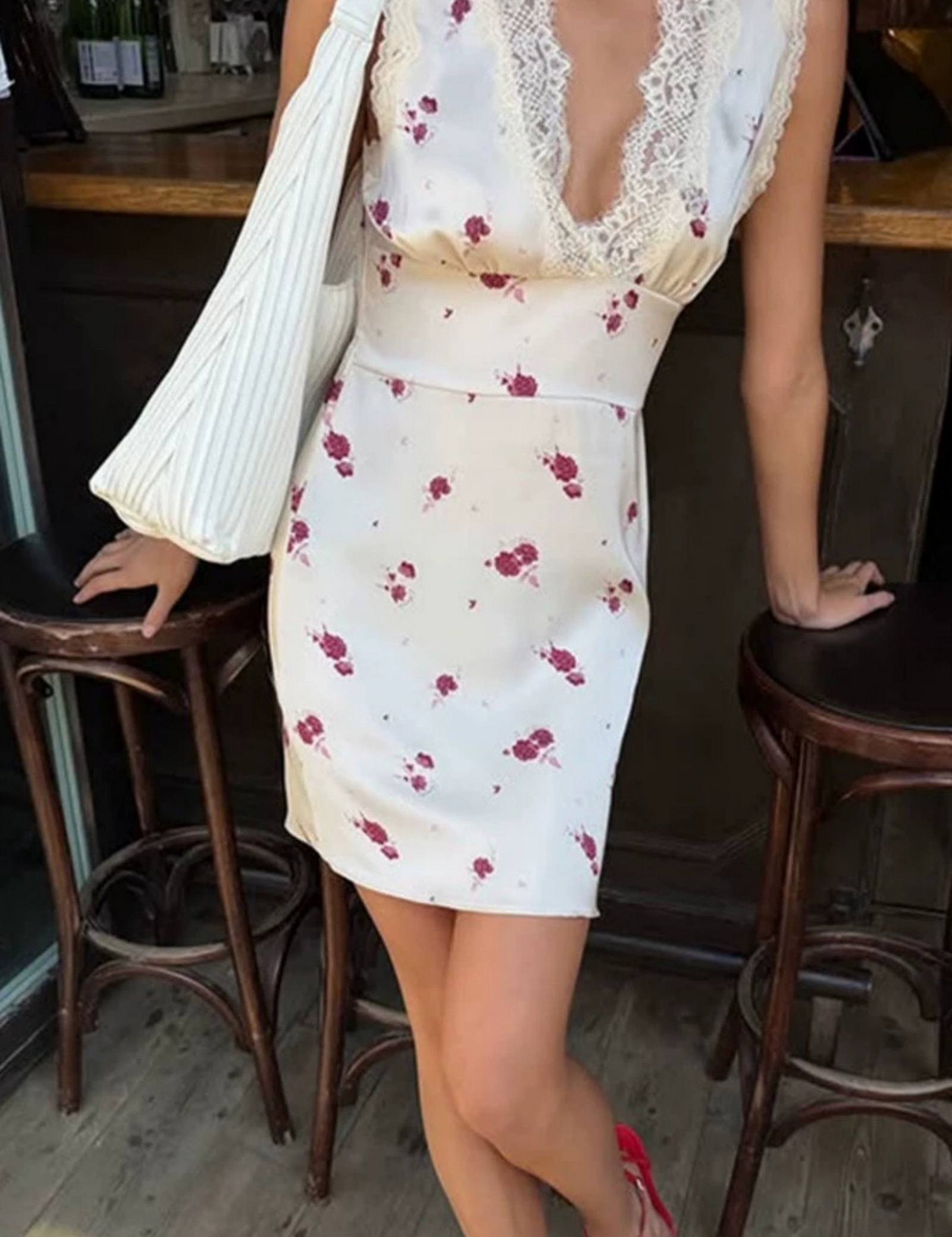 Lace Trim Floral Satin Mini Dress in Cream Rose