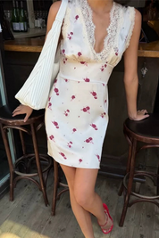 Lace Trim Floral Satin Mini Dress in Cream Rose