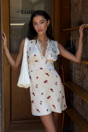 Lace Trim Floral Satin Mini Dress in Cream Rose