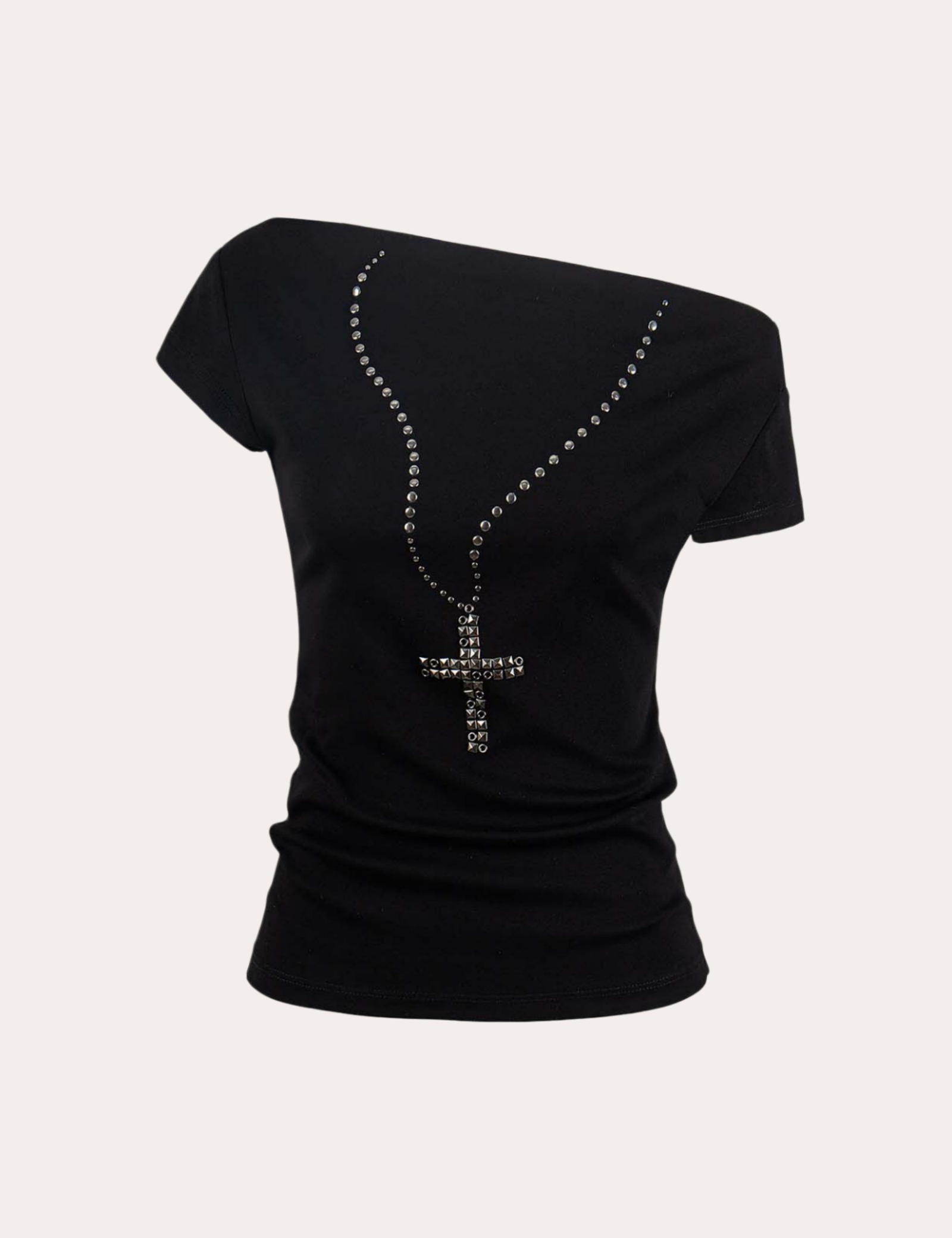 Cross Necklace Studded Off-Shoulder T-Shirt