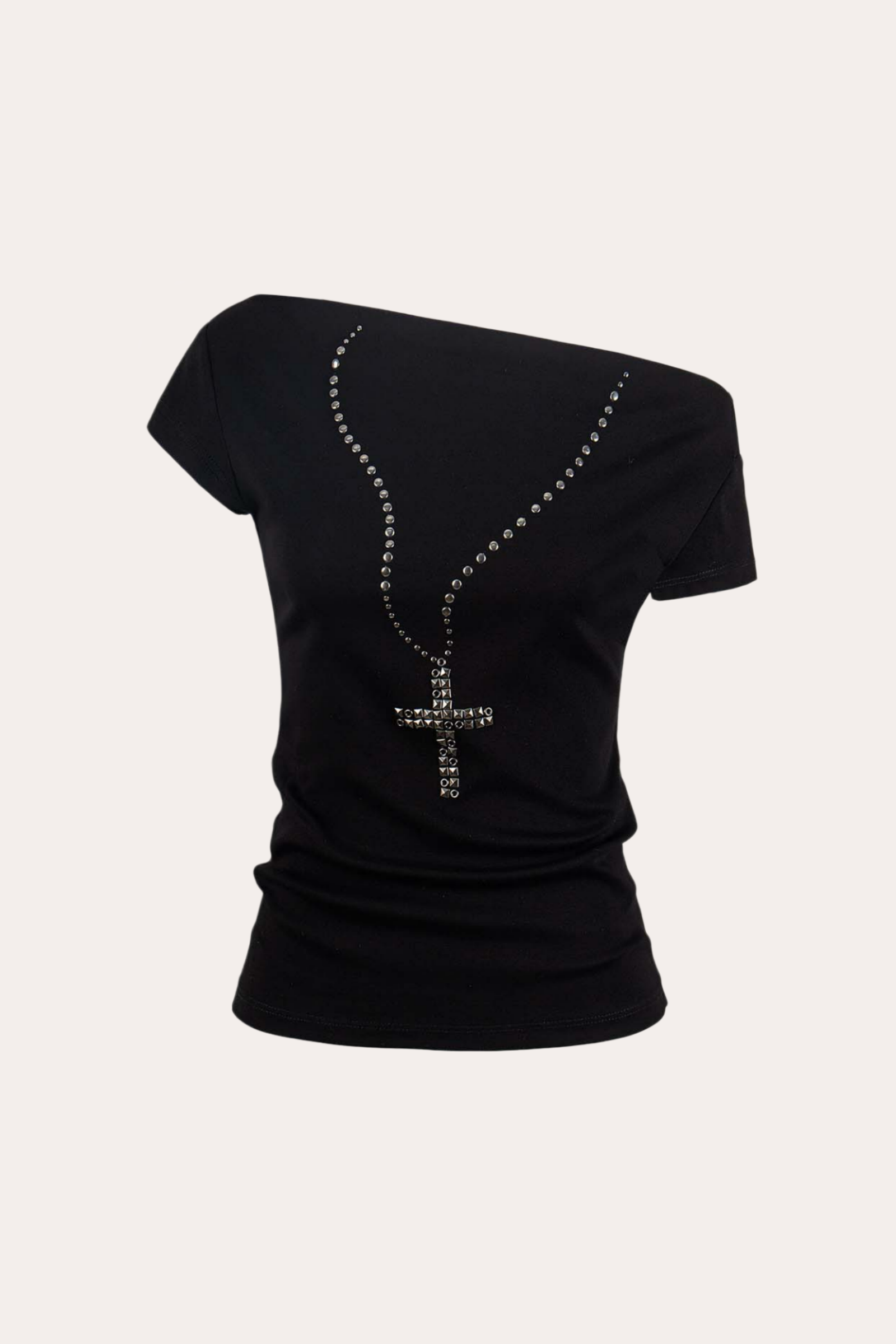 Cross Necklace Studded Off-Shoulder T-Shirt
