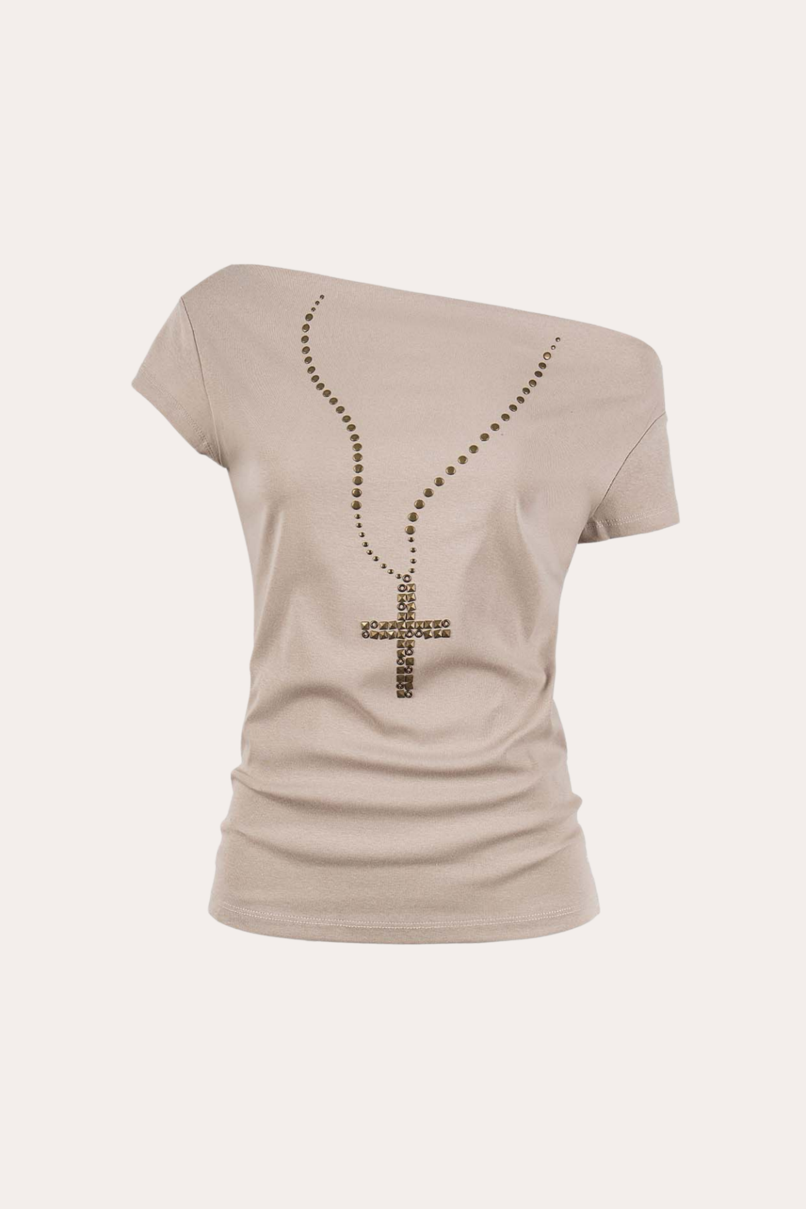Cross Necklace Studded Off-Shoulder T-Shirt