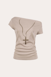 Cross Necklace Studded Off-Shoulder T-Shirt