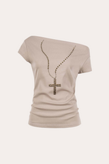 Cross Necklace Studded Off-Shoulder T-Shirt