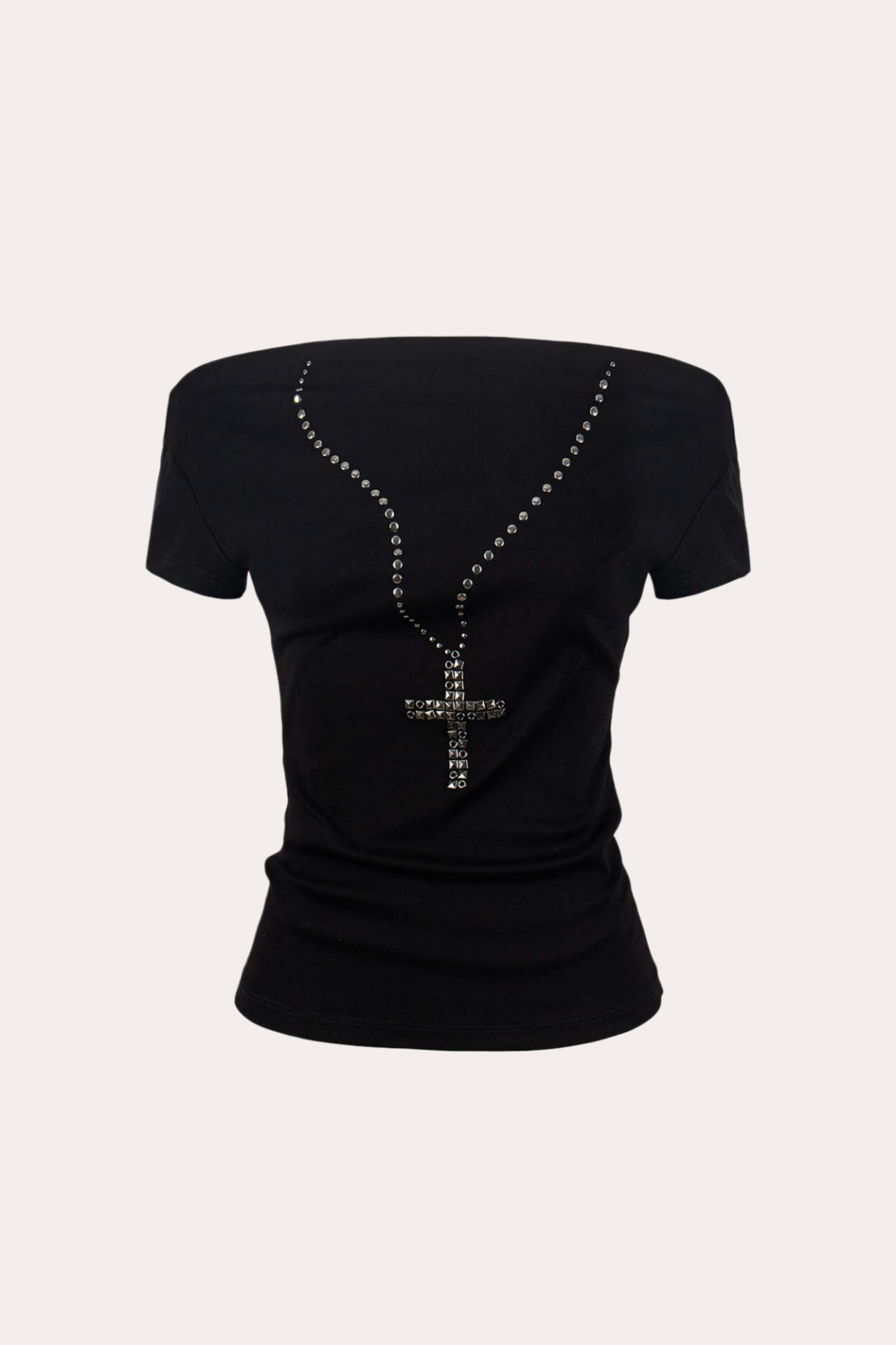 Cross Necklace Studded Off-Shoulder T-Shirt