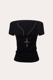 Cross Necklace Studded Off-Shoulder T-Shirt