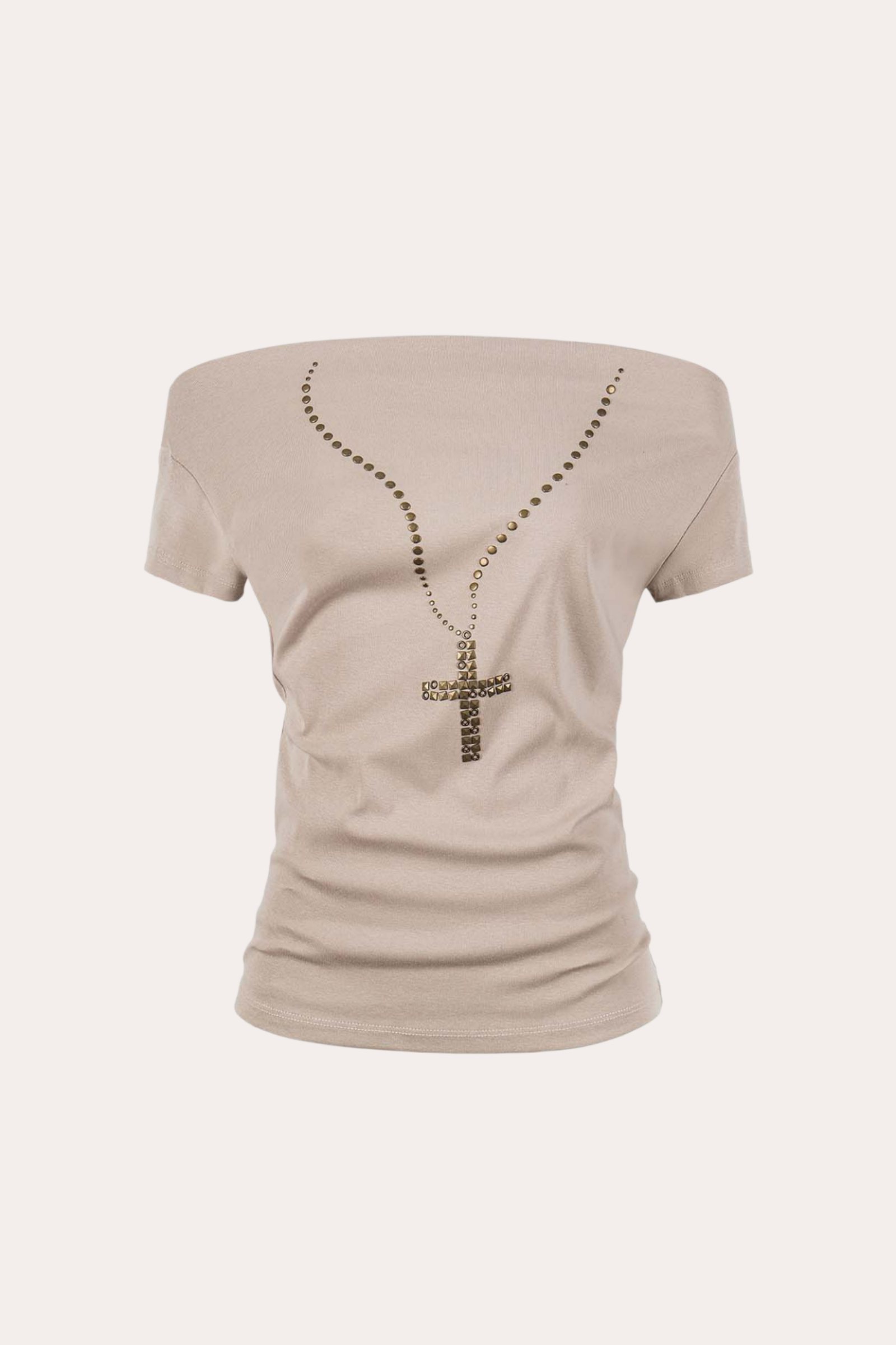 Cross Necklace Studded Off-Shoulder T-Shirt