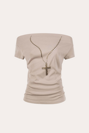 Cross Necklace Studded Off-Shoulder T-Shirt