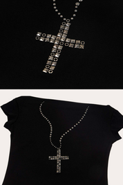 Cross Necklace Studded Off-Shoulder T-Shirt