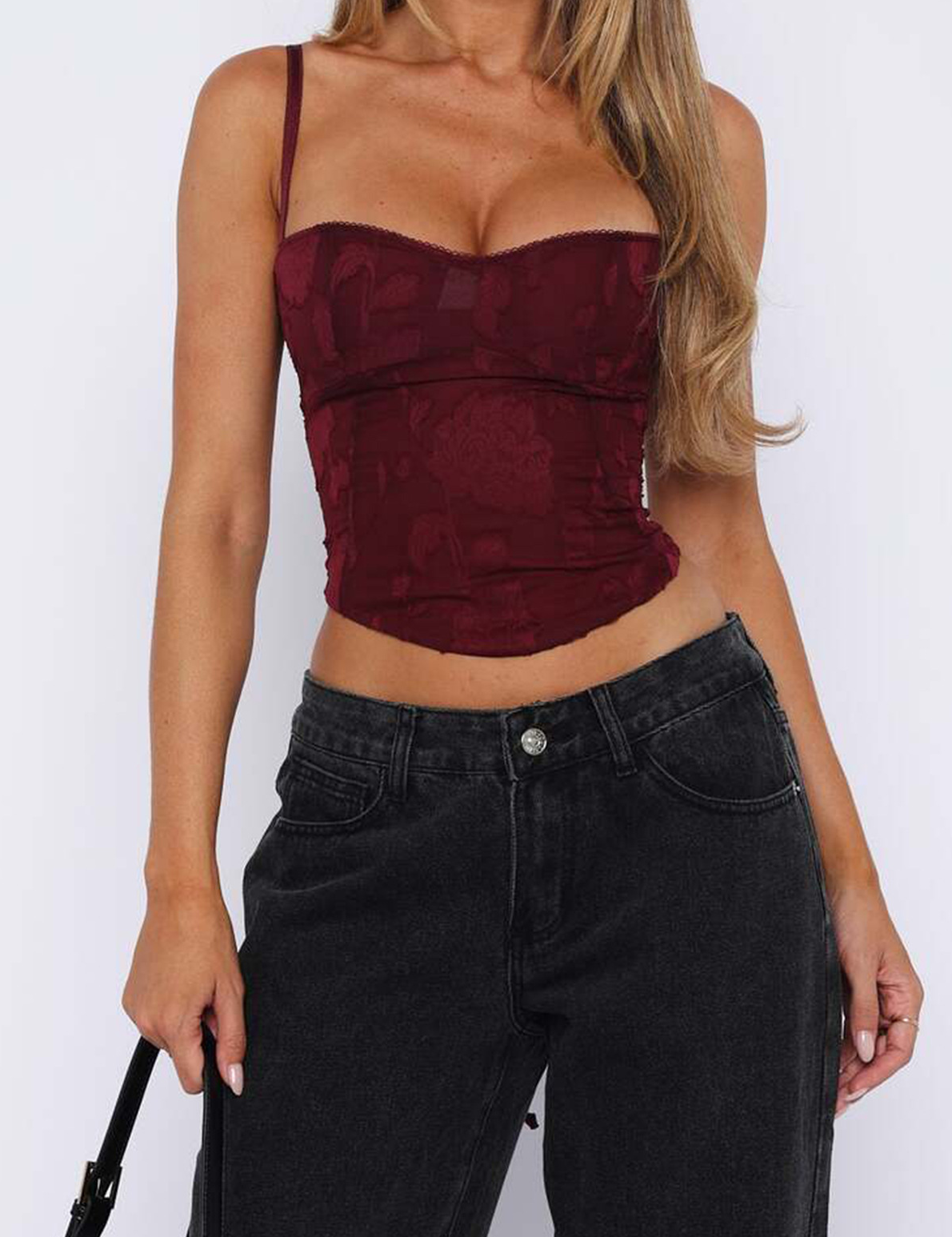 Pastel Pink Jacquard Corset Lace-up Back Top