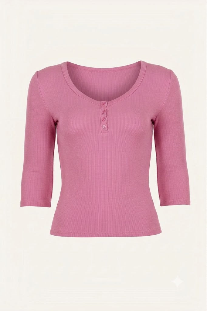 Fitted Scoop V-Neck 3/4 Sleeve Henley Top