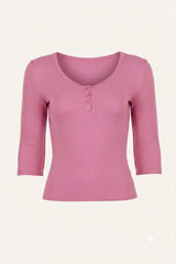 Fitted Scoop V-Neck 3/4 Sleeve Henley Top