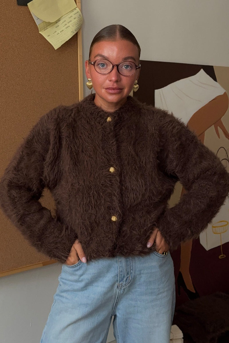 Fluffy Brown Fuzzy Knit Crop Cardigan Sweater Top