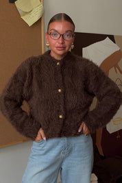 Fluffy Brown Fuzzy Knit Crop Cardigan Sweater Top