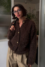 Fluffy Brown Fuzzy Knit Crop Cardigan Sweater Top