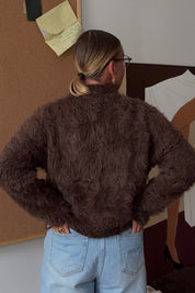 Fluffy Brown Fuzzy Knit Crop Cardigan Sweater Top