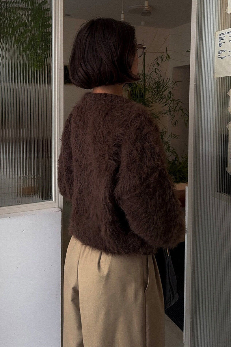 Fluffy Brown Fuzzy Knit Crop Cardigan Sweater Top